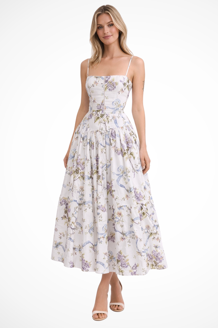 Women’s Floral Linen Midi Dress - Tiered Elegant Summer Wedding Guest Fit