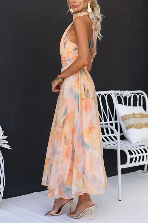 Chiffon Halter Maxi Dress - Watercolour Print Wedding Guest