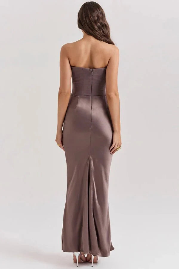 Strapless Corset Dress - Satin Ruched Maxi Wedding Guest