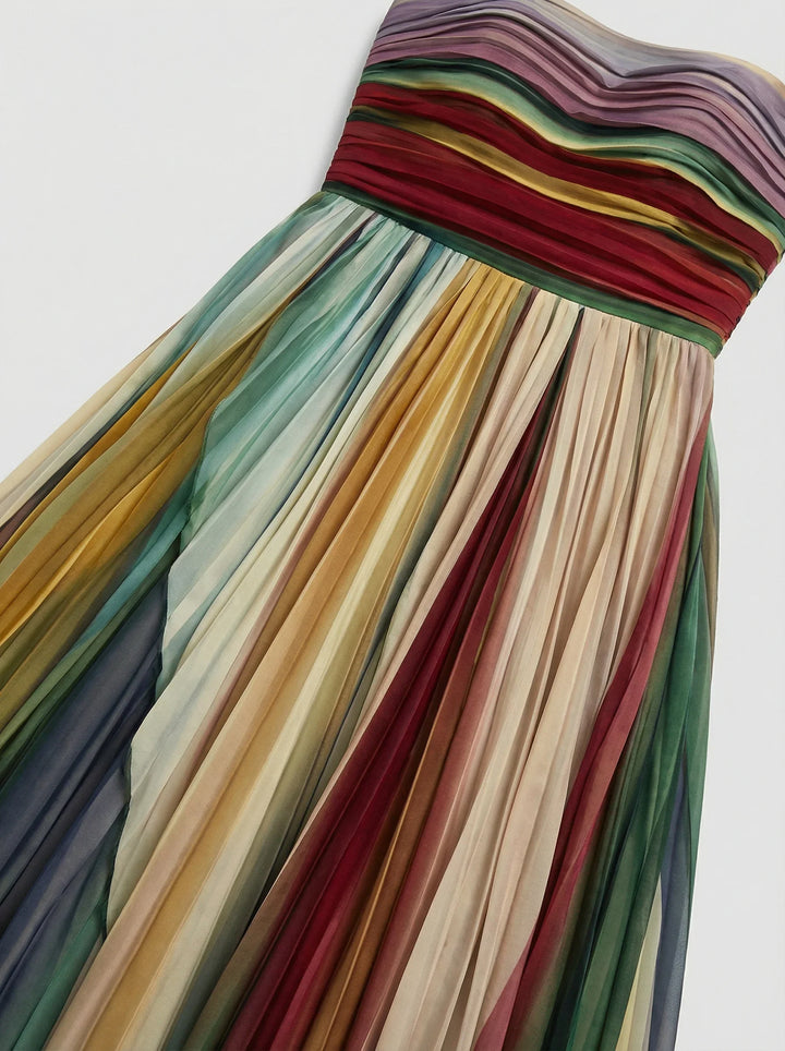 Strapless Pleated Maxi Dress Wedding Guest - Colour Block