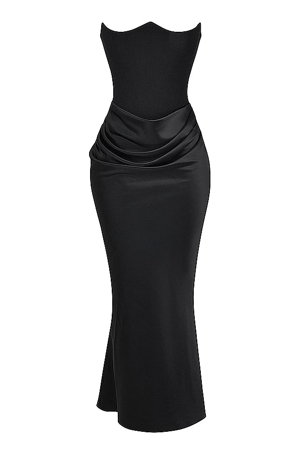 Strapless Corset Dress - Satin Ruched Maxi Wedding Guest