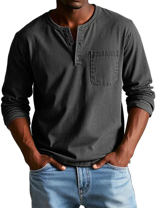 Men's Long Sleeve Cotton - Henley Shirt Smart Casual