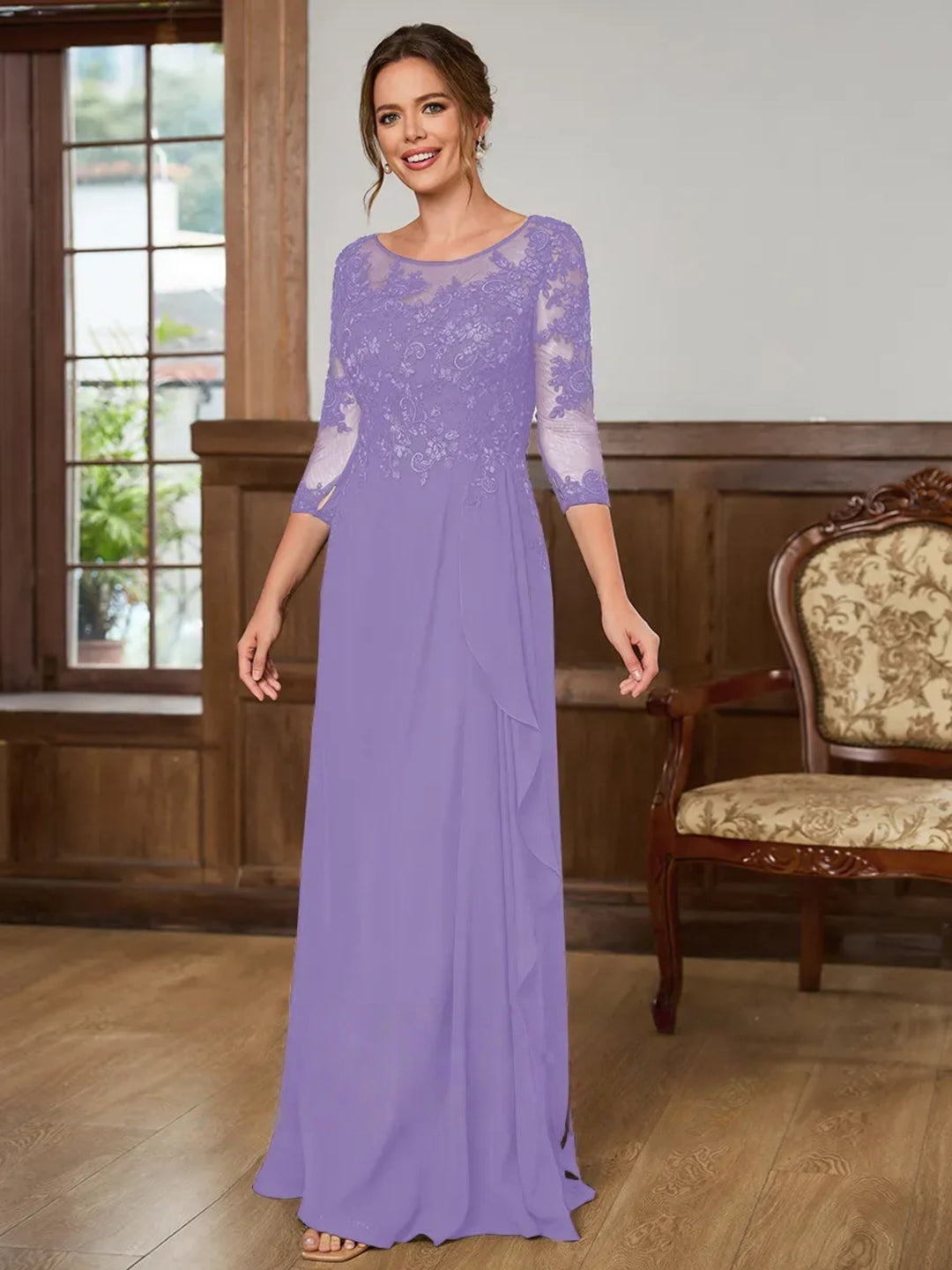 Mother of the Bride Chiffon Maxi Dress - Lace Appliqué Bodice