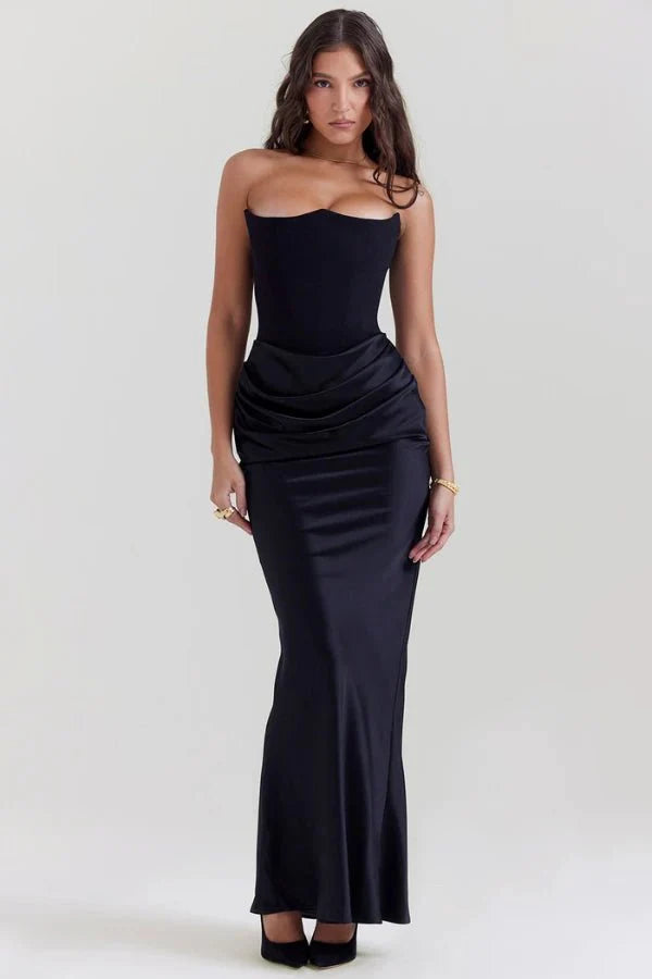 Strapless Corset Dress - Satin Ruched Maxi Wedding Guest