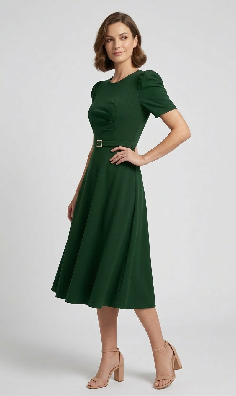 Women's Royal Midi Dress - Elegant Belted A-Line
