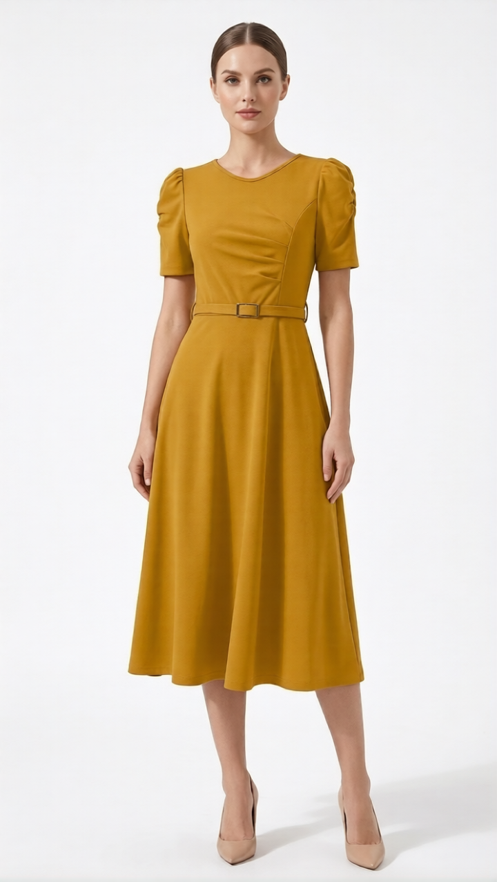Women's Royal Midi Dress - Elegant Belted A-Line