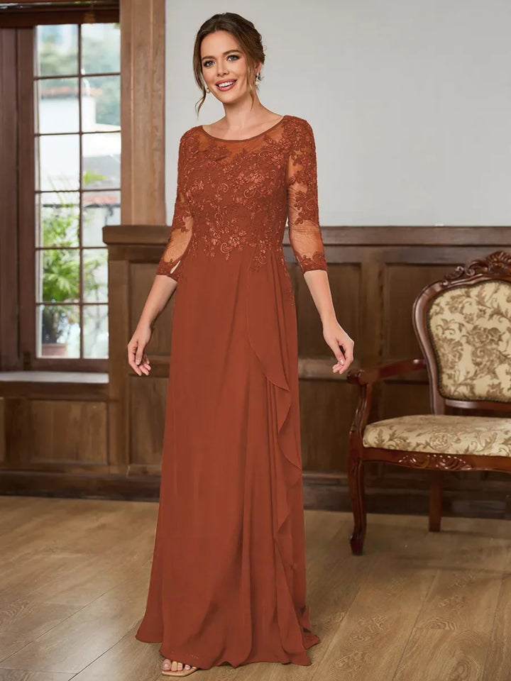 Mother of the Bride Chiffon Maxi Dress - Lace Appliqué Bodice