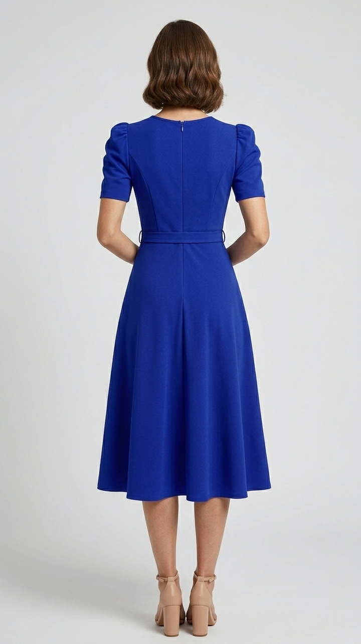 Women's Royal Midi Dress - Elegant Belted A-Line
