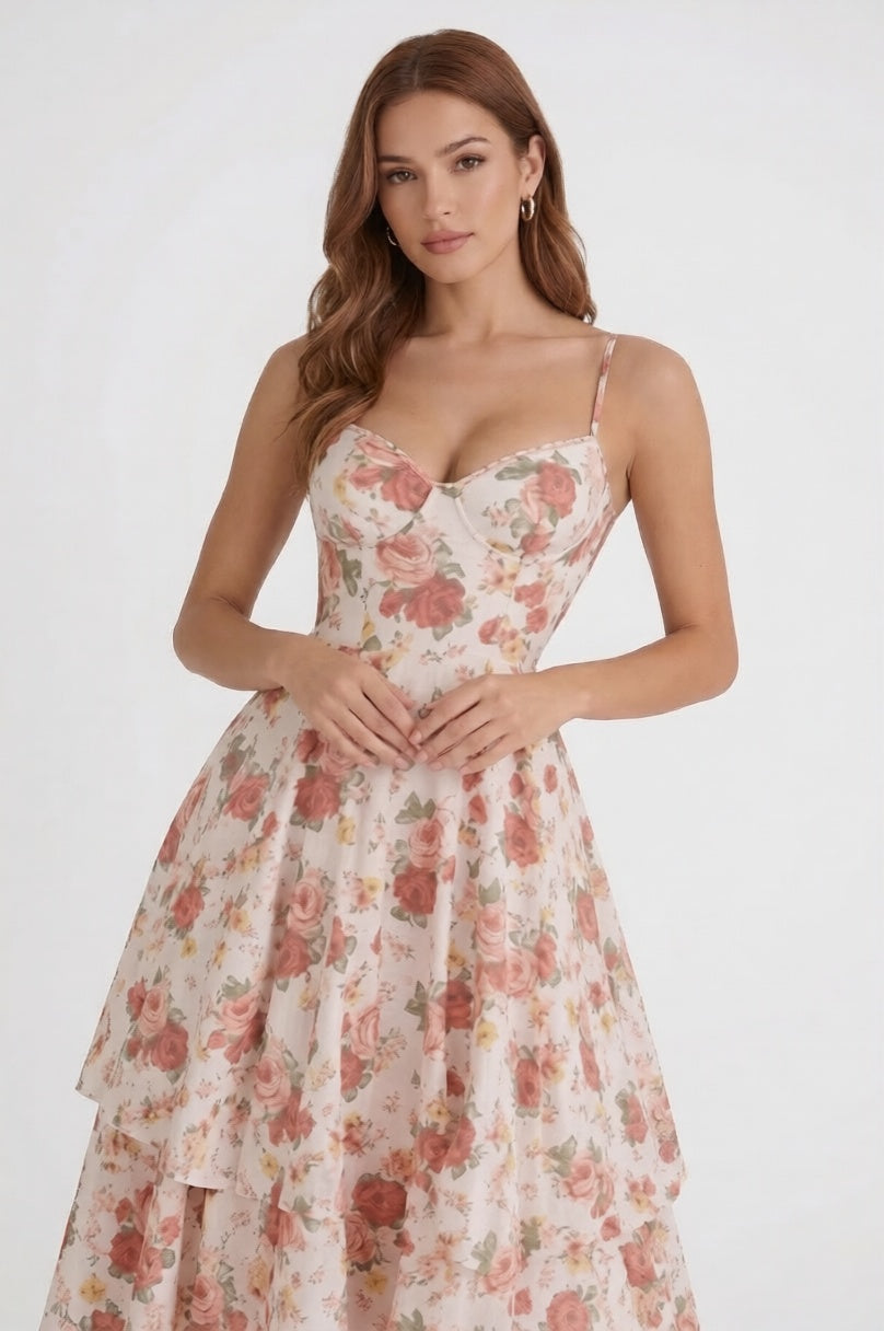 Women’s Floral Corset Midi Dress - Elegant Tiered Wedding Guest