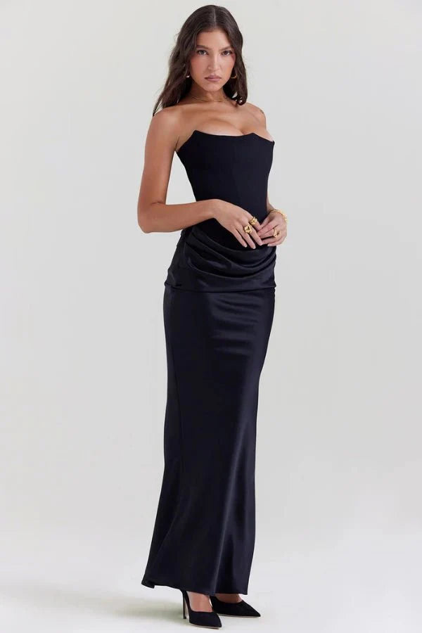 Strapless Corset Dress - Satin Ruched Maxi Wedding Guest