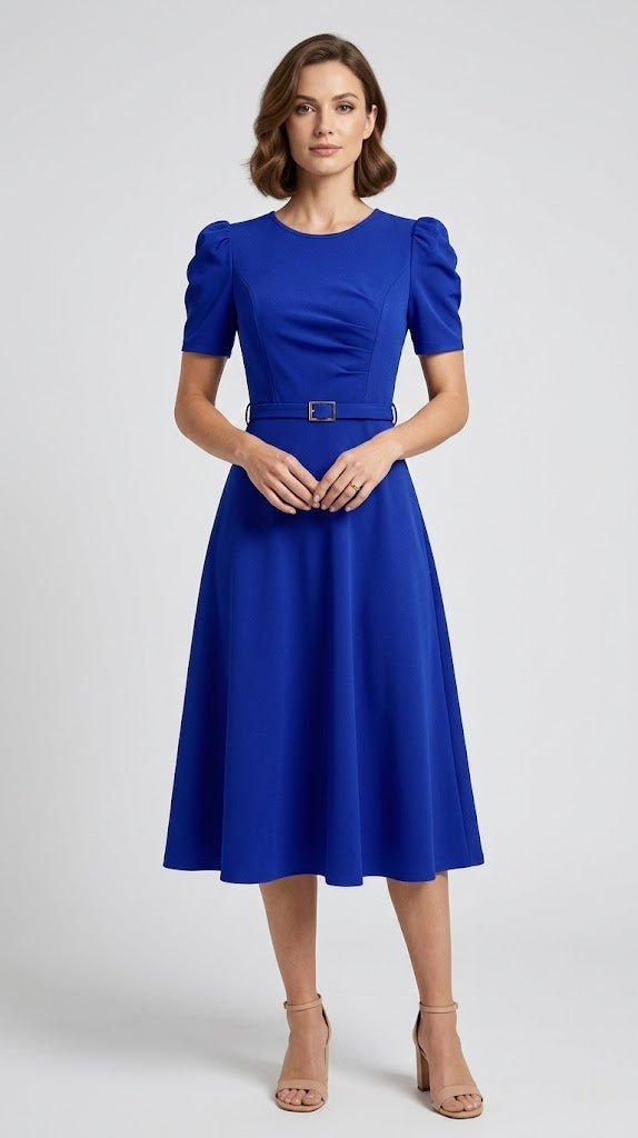 Women's Royal Midi Dress - Elegant Belted A-Line