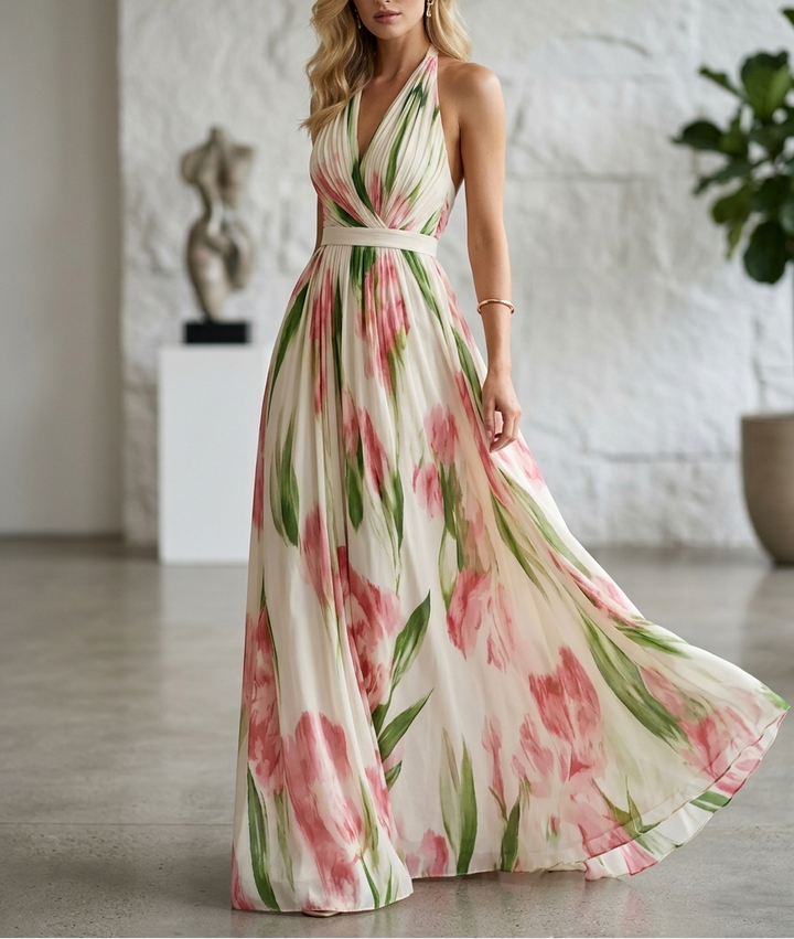 Chiffon Halter Maxi Dress - Floral Wedding Guest Pleated