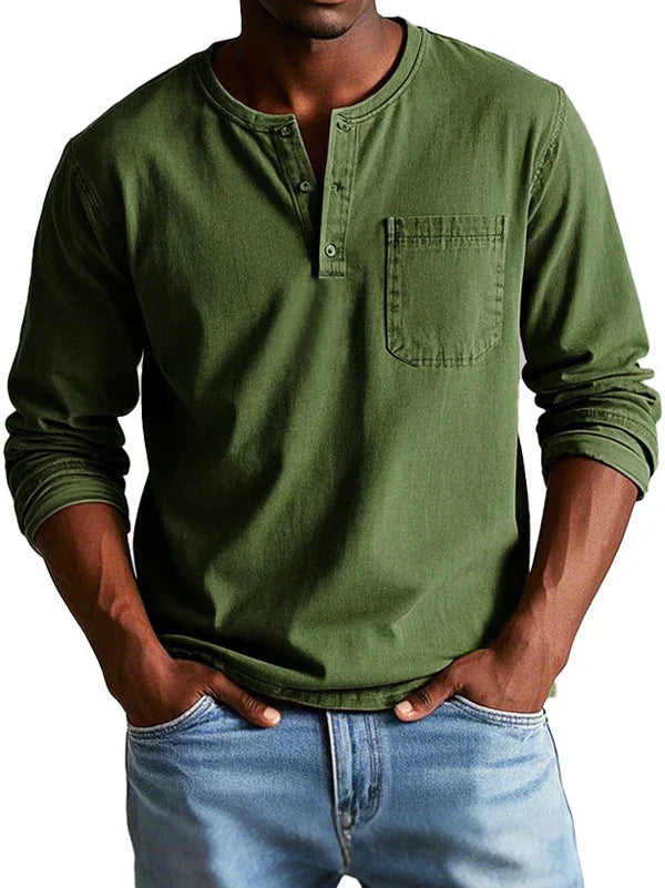 Men's Long Sleeve Cotton - Henley Shirt Smart Casual
