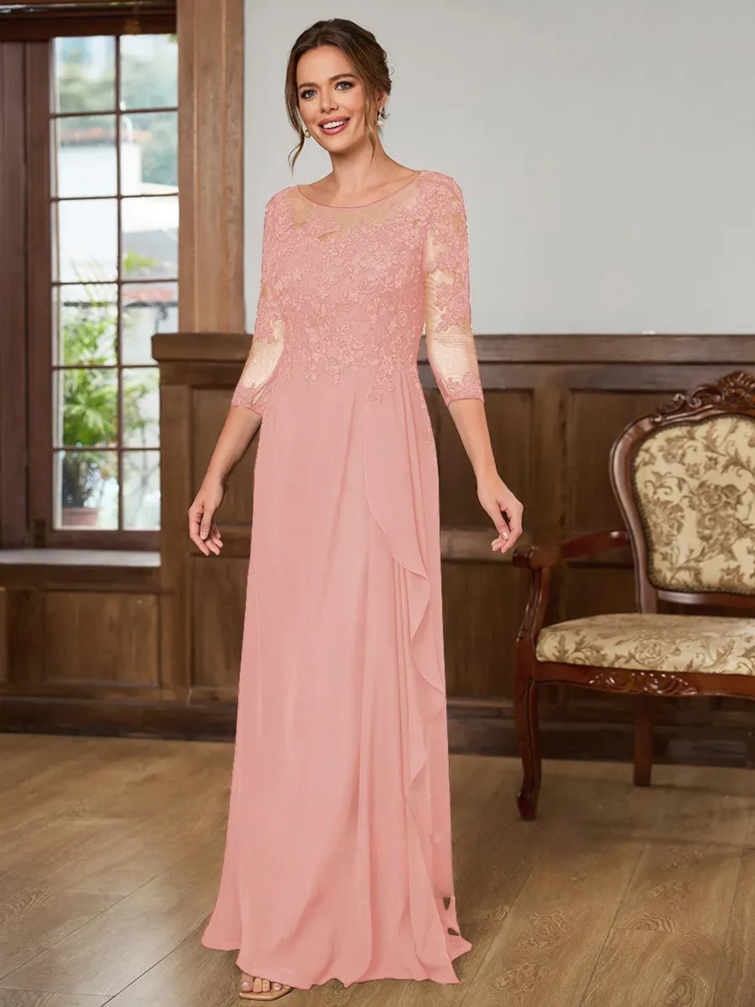 Mother of the Bride Chiffon Maxi Dress - Lace Appliqué Bodice