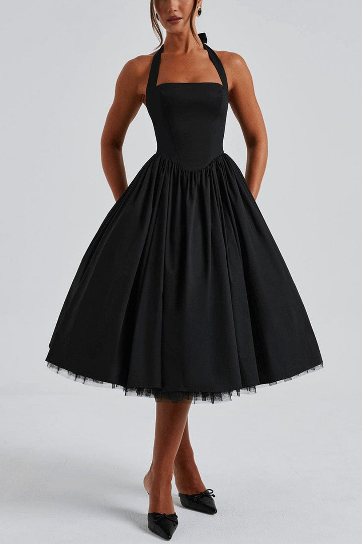 Women's Elegant Halter Midi Dress - Structured Occasion Style
