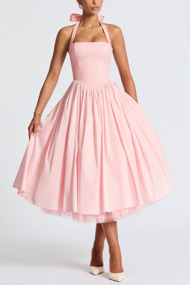 Women's Elegant Halter Midi Dress - Structured Occasion Style