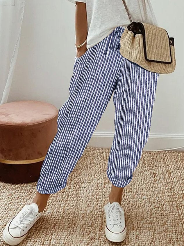 Women's Wide Leg - Linen Trousers Elasticated Waist