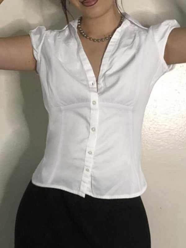 Corset Shirt - Fitted Bust Cup V-Neck Cotton Top