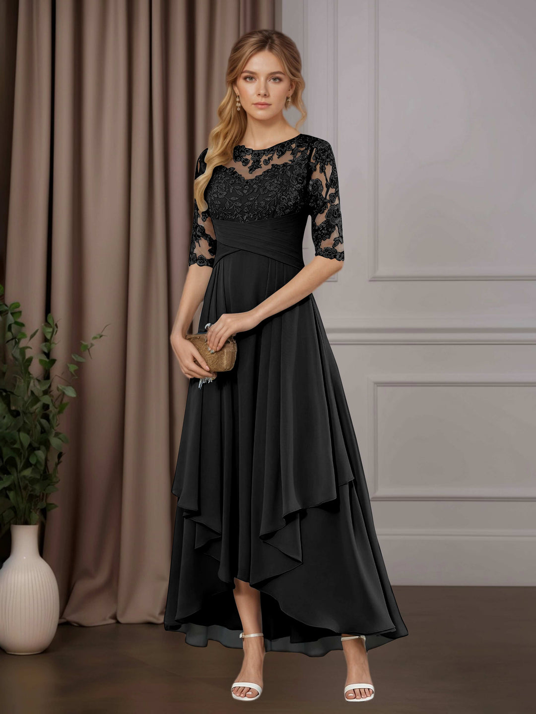 Chiffon Lace Midi Dress - Mother of the Bride Half Sleeve A-Line