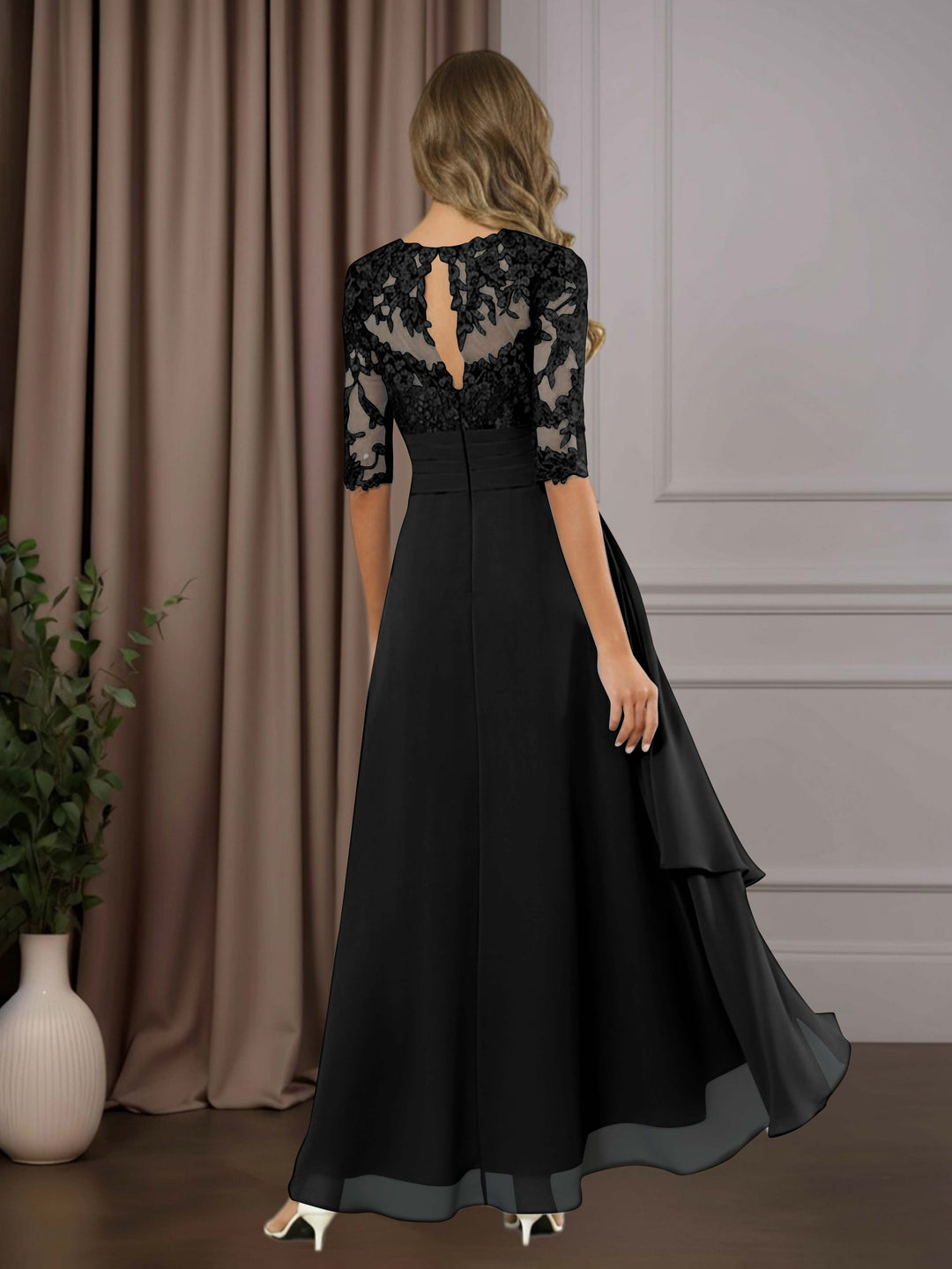 Chiffon Lace Midi Dress - Mother of the Bride Half Sleeve A-Line