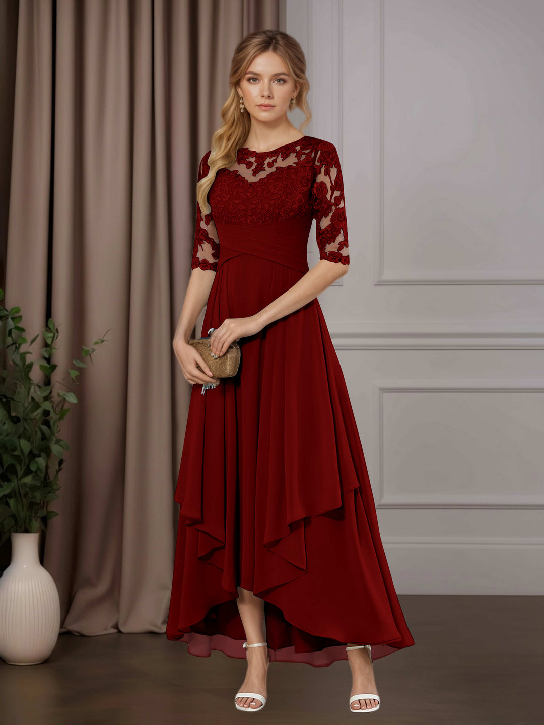 Chiffon Lace Midi Dress - Mother of the Bride Half Sleeve A-Line