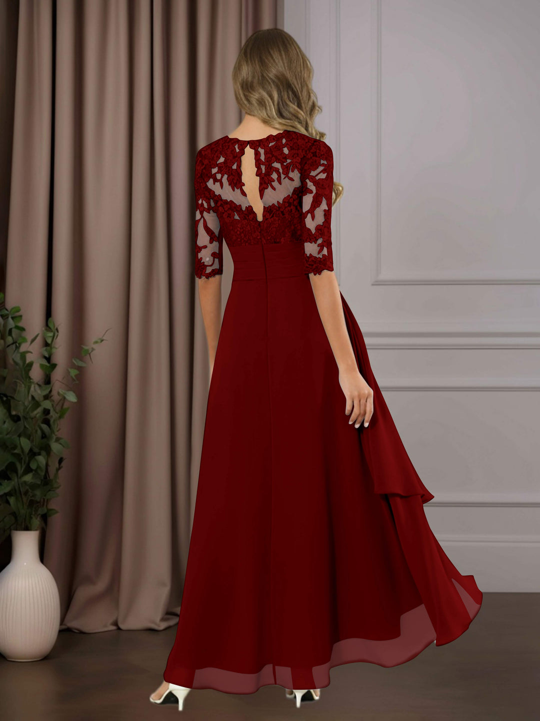 Chiffon Lace Midi Dress - Mother of the Bride Half Sleeve A-Line