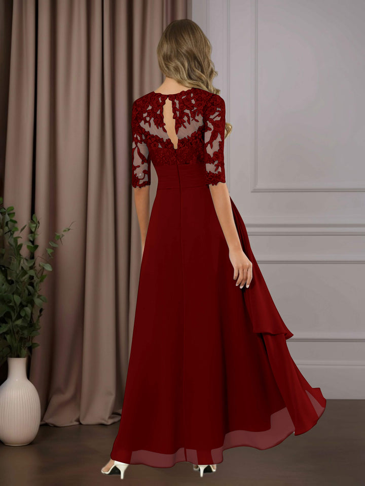 Chiffon Lace Midi Dress - Mother of the Bride Half Sleeve A-Line