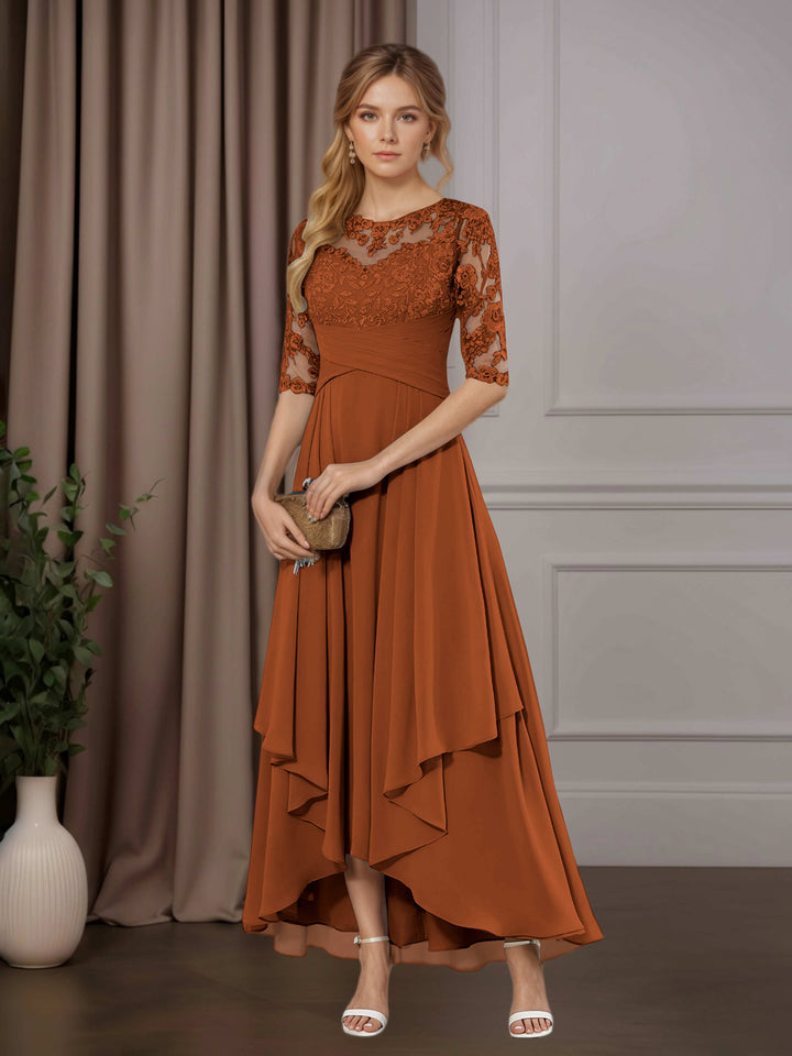 Chiffon Lace Midi Dress - Mother of the Bride Half Sleeve A-Line