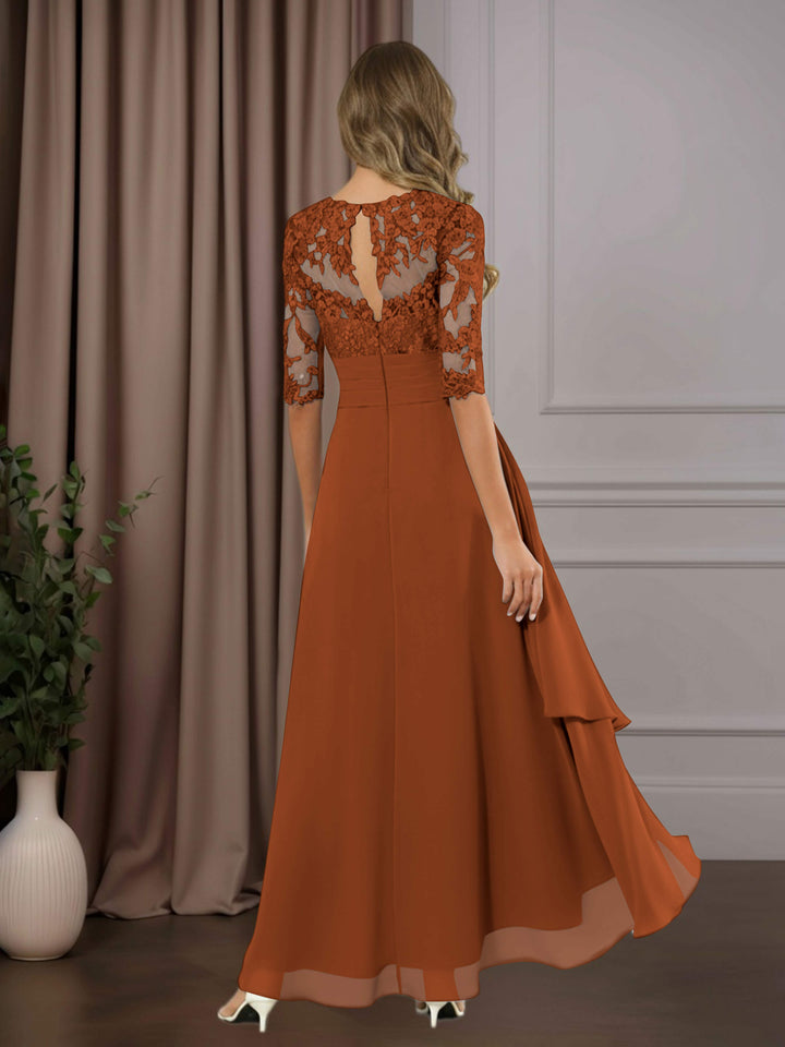 Chiffon Lace Midi Dress - Mother of the Bride Half Sleeve A-Line
