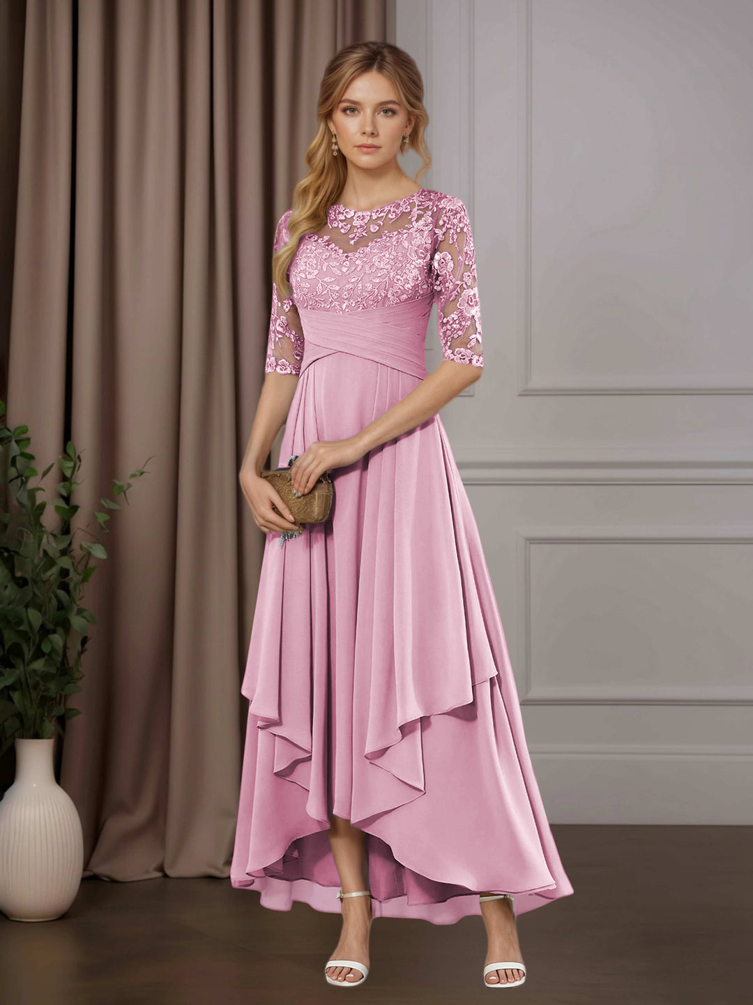 Chiffon Lace Midi Dress - Mother of the Bride Half Sleeve A-Line