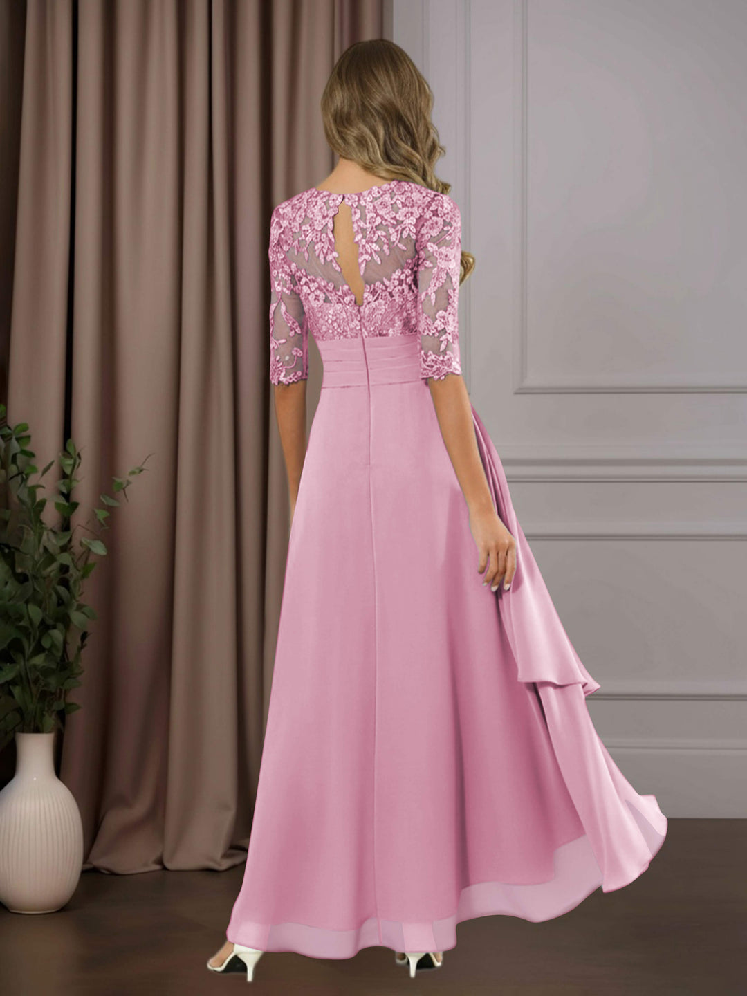 Chiffon Lace Midi Dress - Mother of the Bride Half Sleeve A-Line