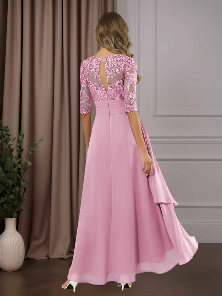 Chiffon Lace Midi Dress - Mother of the Bride Half Sleeve A-Line
