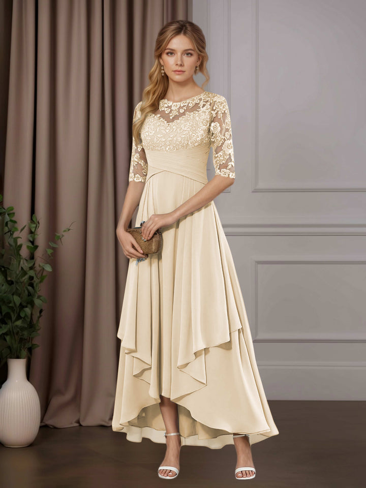Chiffon Lace Midi Dress - Mother of the Bride Half Sleeve A-Line
