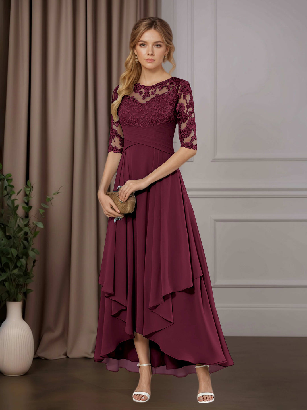 Chiffon Lace Midi Dress - Mother of the Bride Half Sleeve A-Line