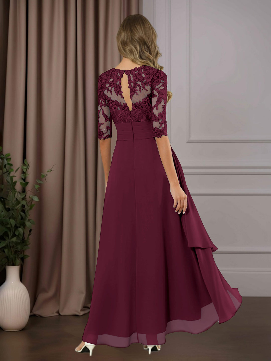 Chiffon Lace Midi Dress - Mother of the Bride Half Sleeve A-Line