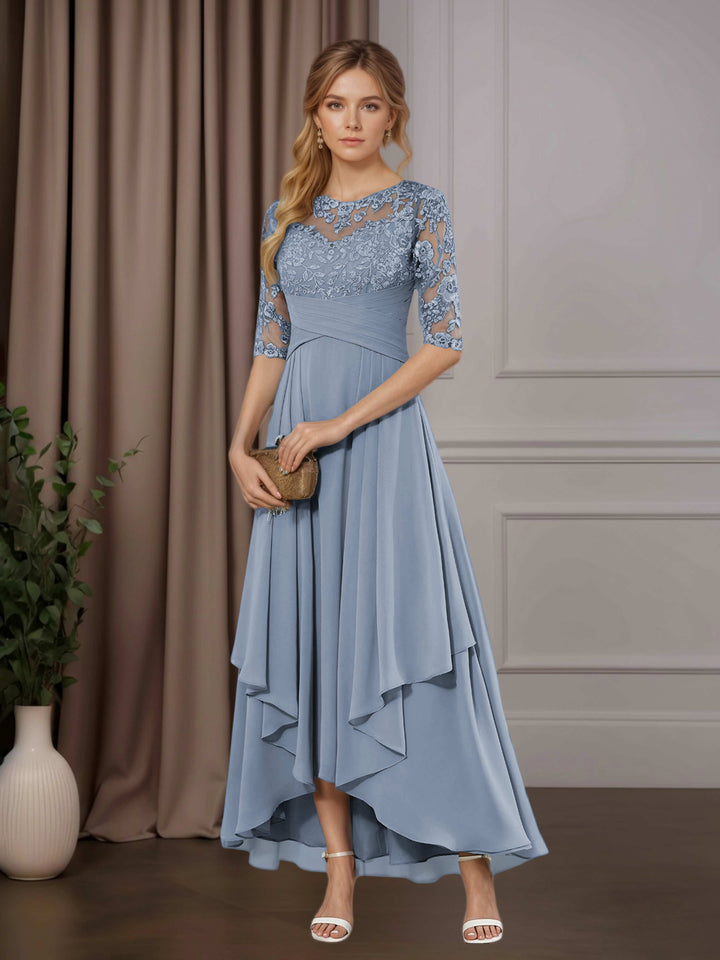 Chiffon Lace Midi Dress - Mother of the Bride Half Sleeve A-Line