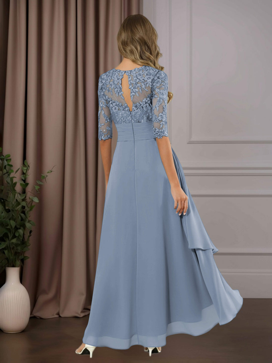 Chiffon Lace Midi Dress - Mother of the Bride Half Sleeve A-Line