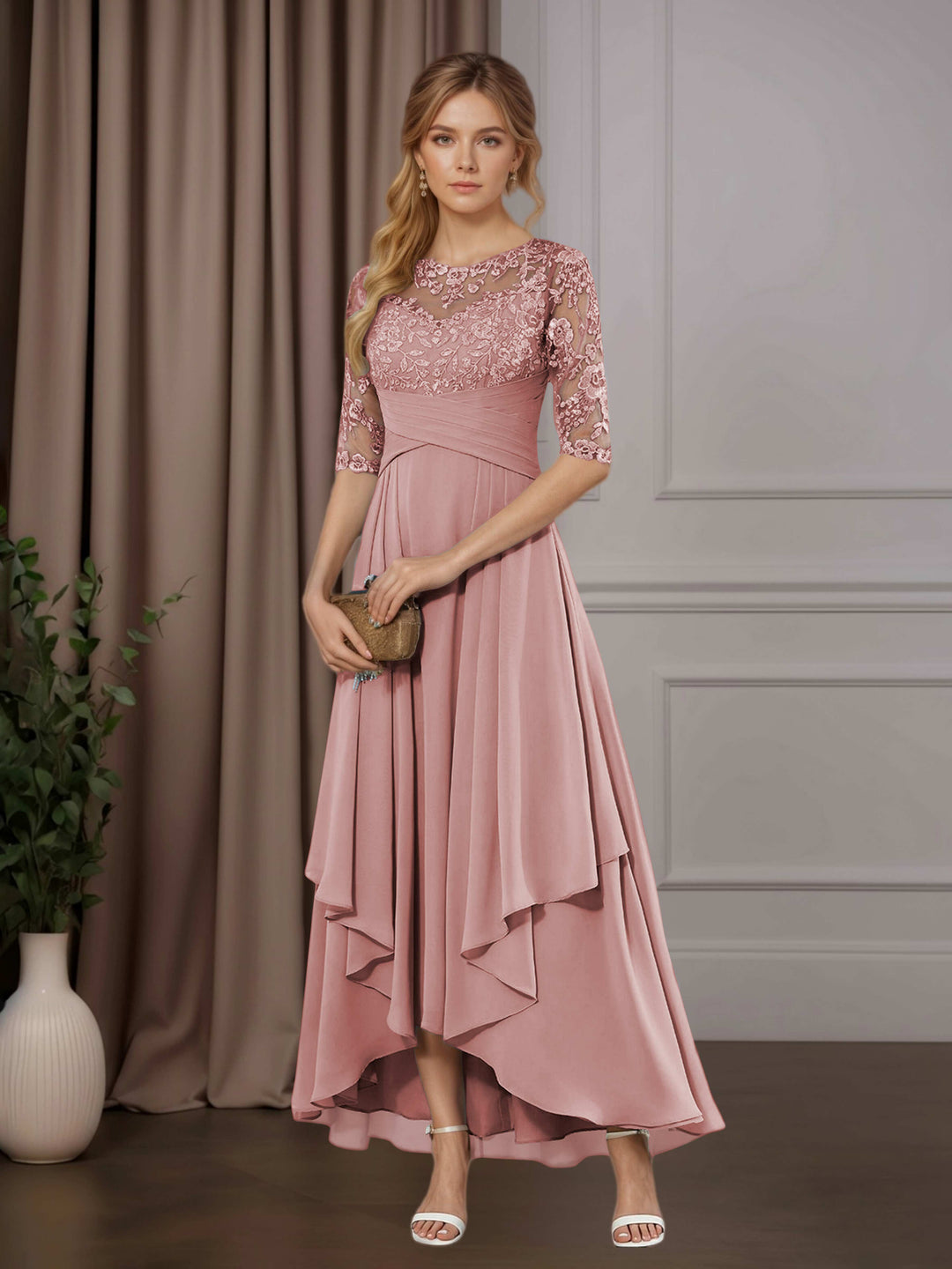 Chiffon Lace Midi Dress - Mother of the Bride Half Sleeve A-Line