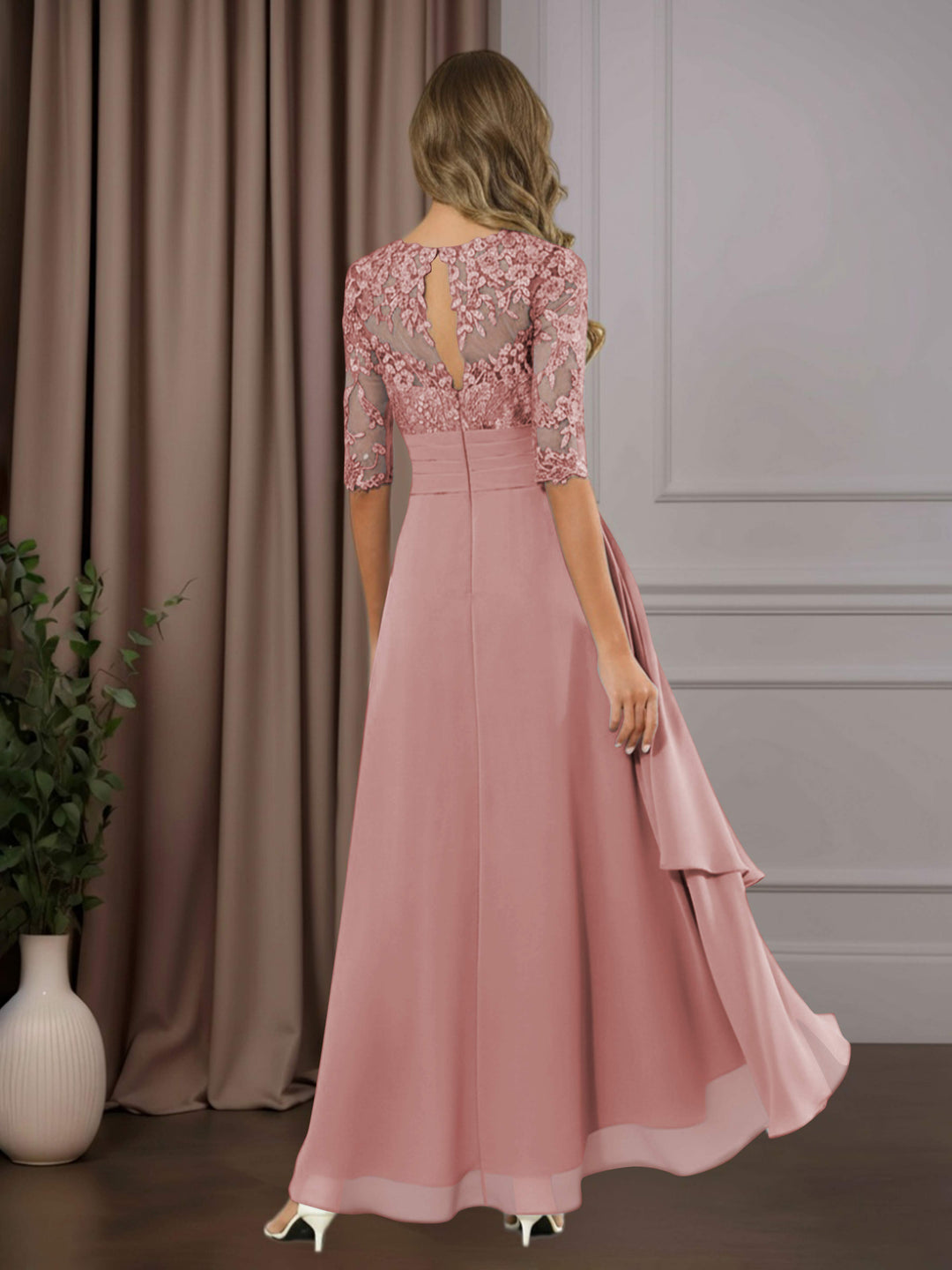 Chiffon Lace Midi Dress - Mother of the Bride Half Sleeve A-Line