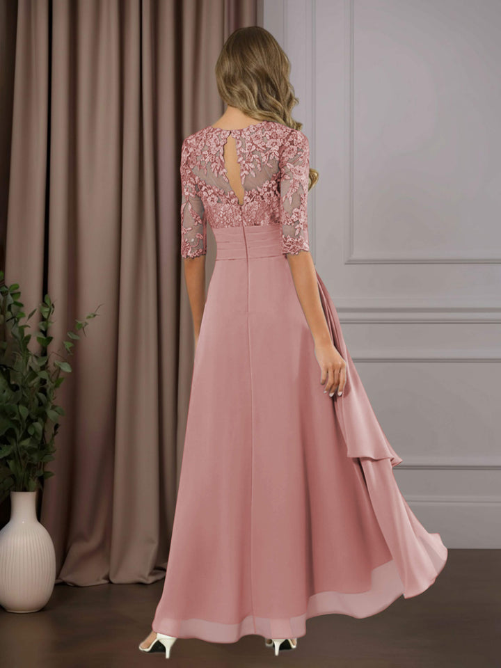 Chiffon Lace Midi Dress - Mother of the Bride Half Sleeve A-Line