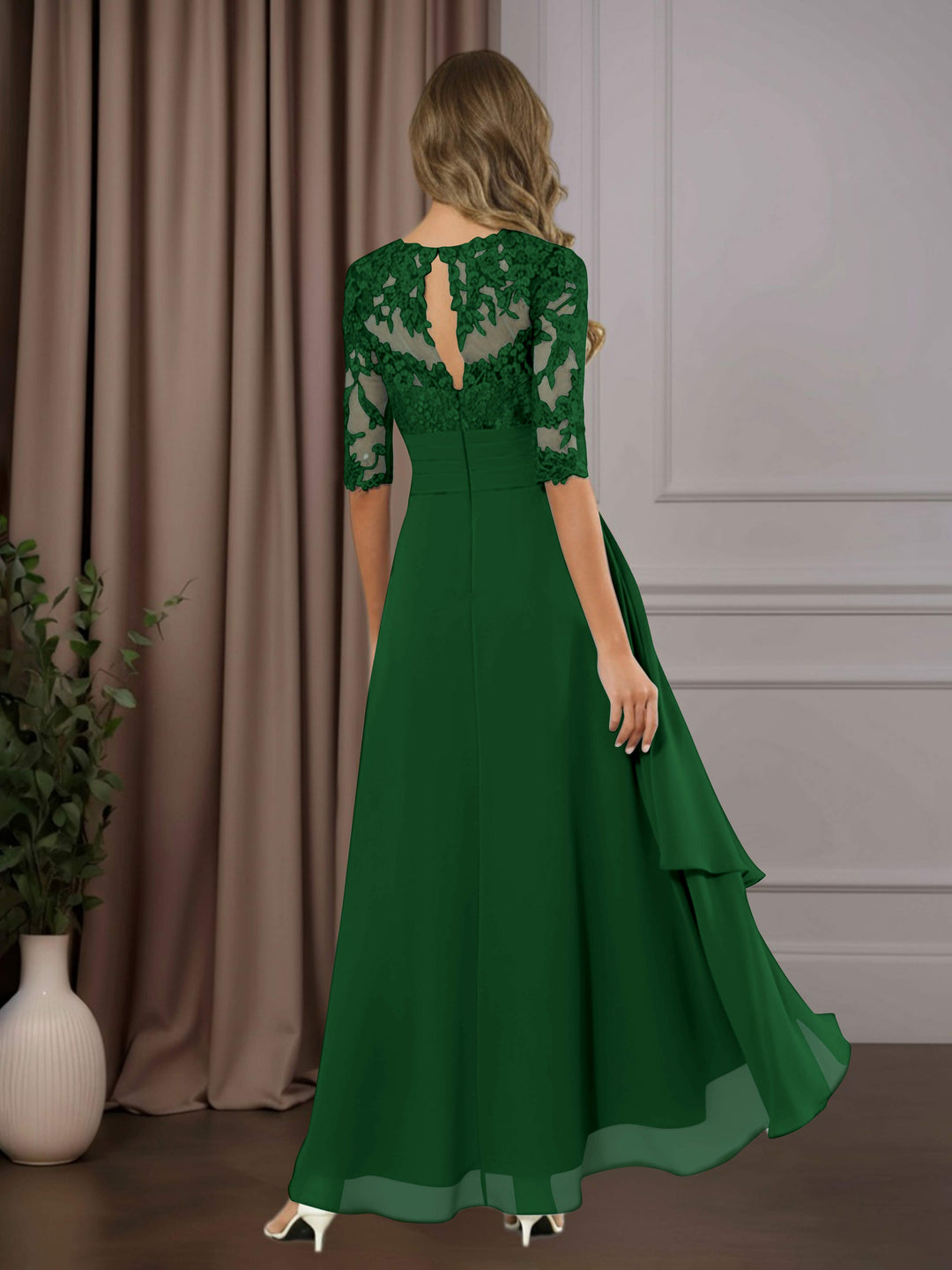 Chiffon Lace Midi Dress - Mother of the Bride Half Sleeve A-Line