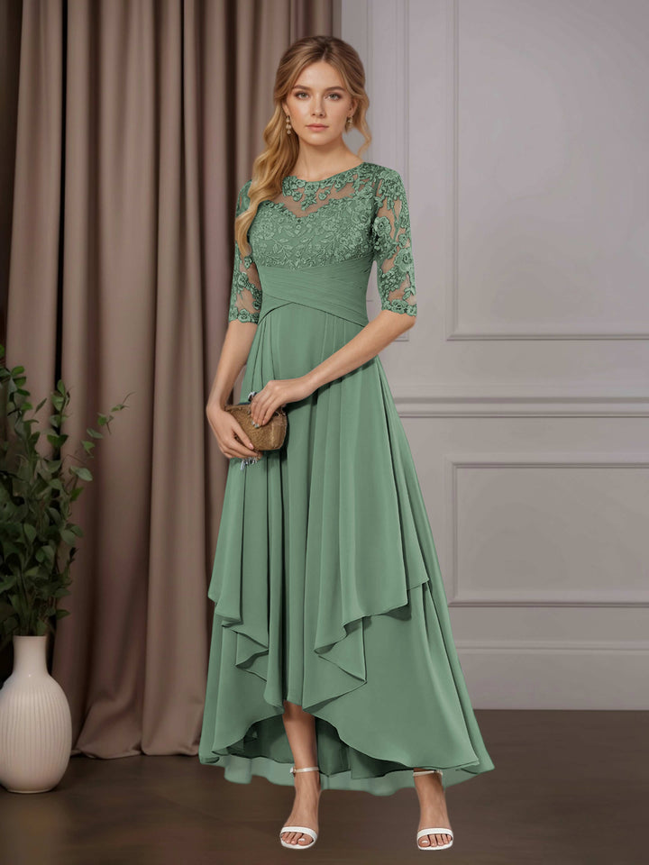 Chiffon Lace Midi Dress - Mother of the Bride Half Sleeve A-Line