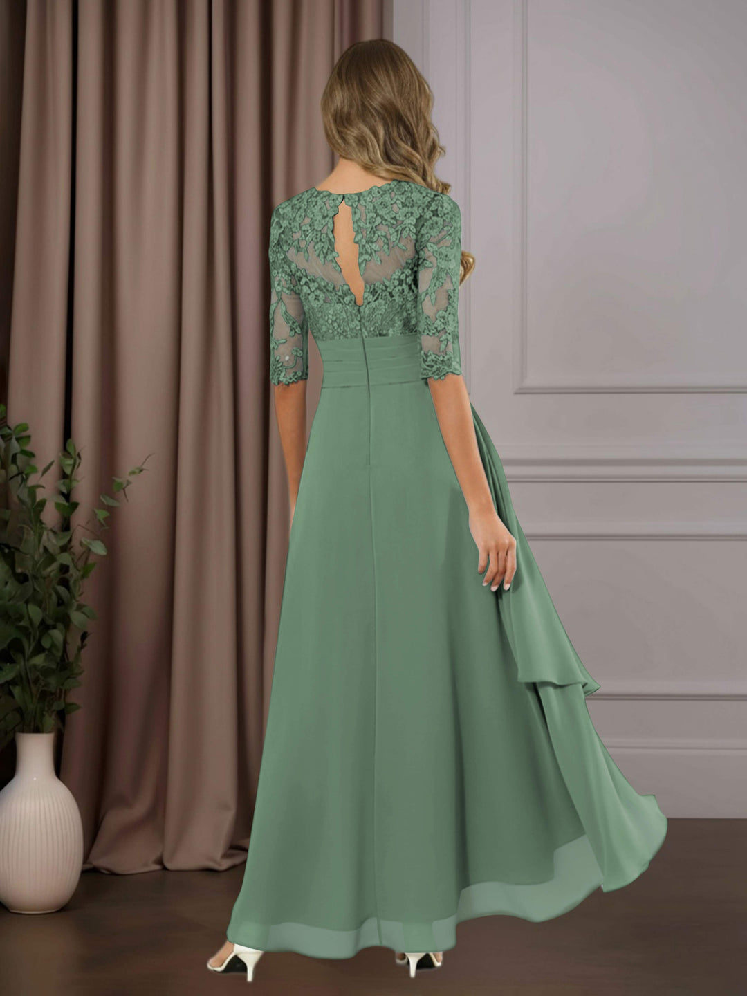 Chiffon Lace Midi Dress - Mother of the Bride Half Sleeve A-Line