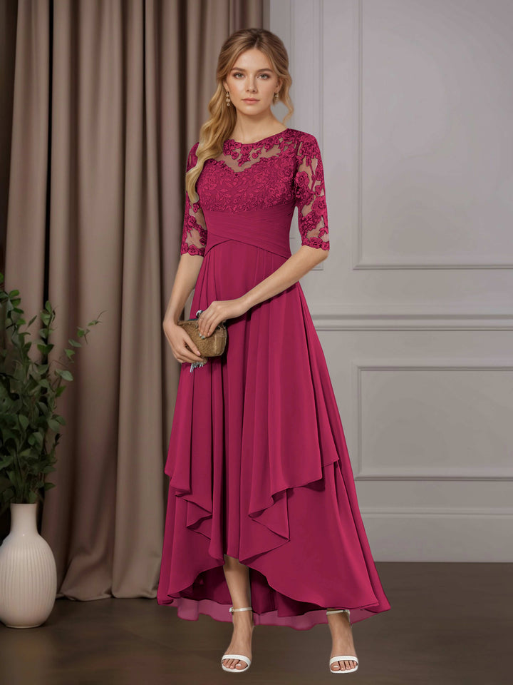 Chiffon Lace Midi Dress - Mother of the Bride Half Sleeve A-Line