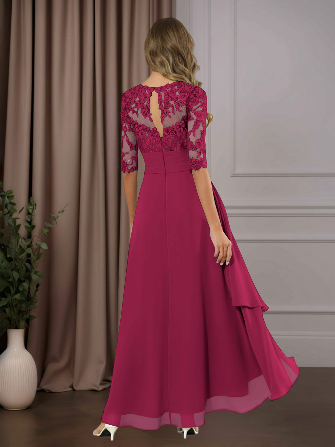 Chiffon Lace Midi Dress - Mother of the Bride Half Sleeve A-Line