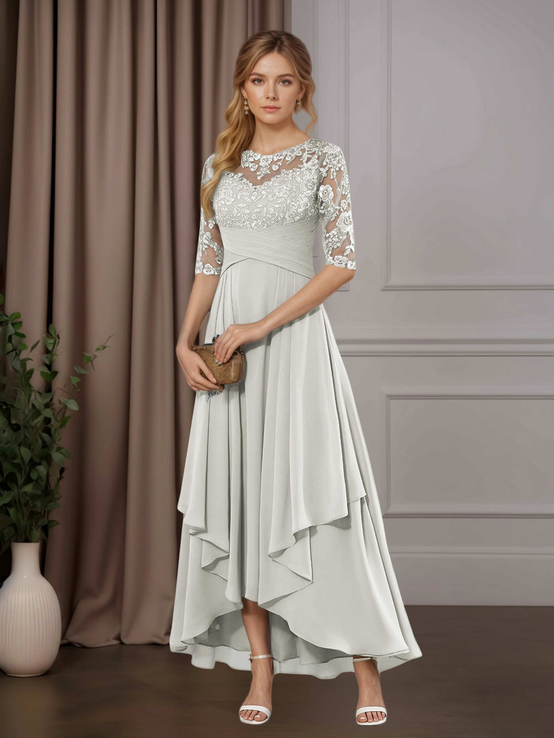 Chiffon Lace Midi Dress - Mother of the Bride Half Sleeve A-Line