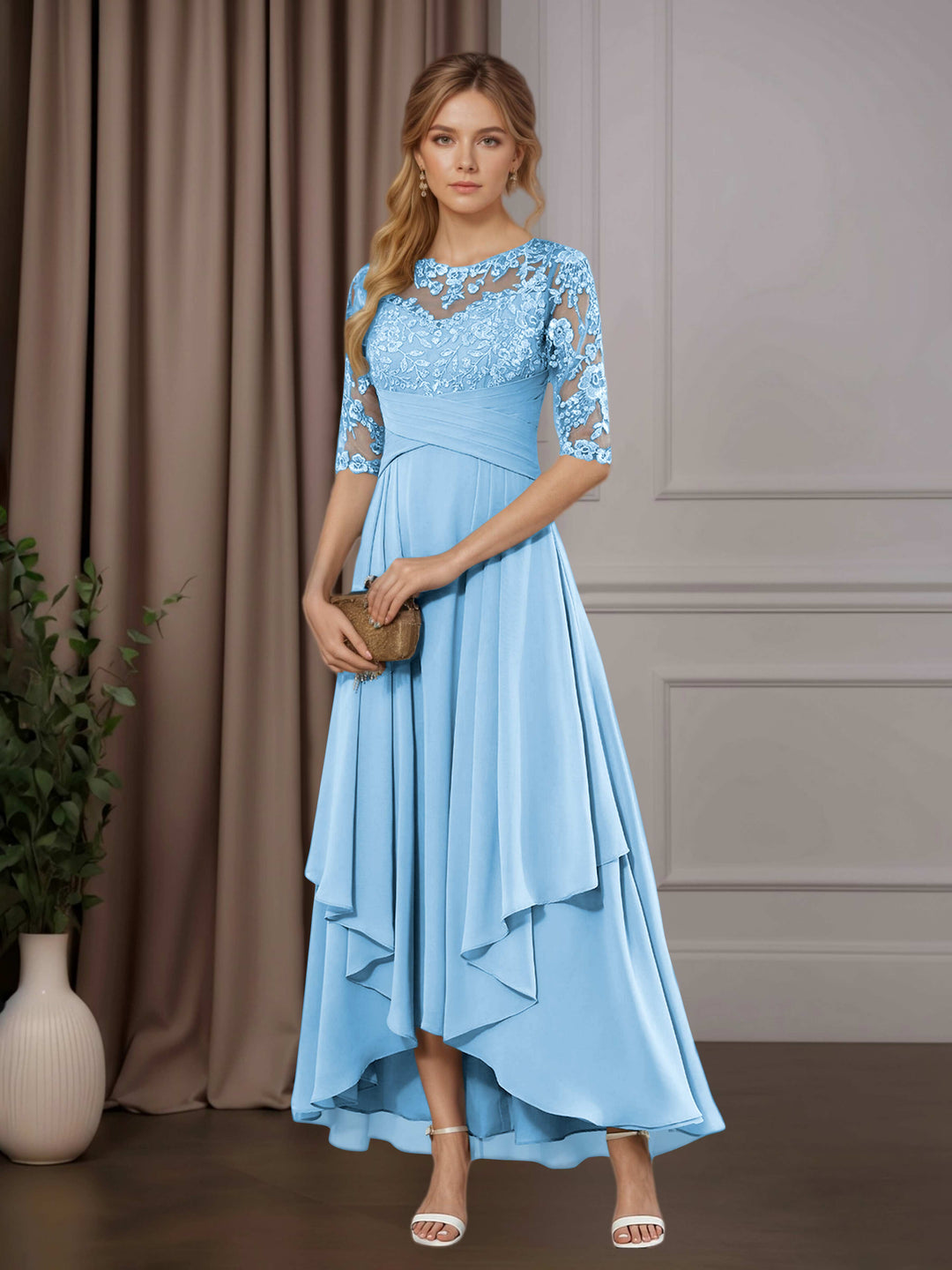Chiffon Lace Midi Dress - Mother of the Bride Half Sleeve A-Line