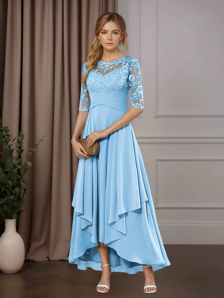 Chiffon Lace Midi Dress - Mother of the Bride Half Sleeve A-Line