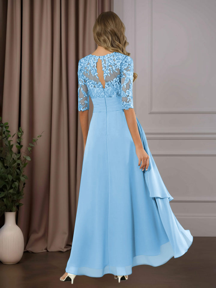 Chiffon Lace Midi Dress - Mother of the Bride Half Sleeve A-Line