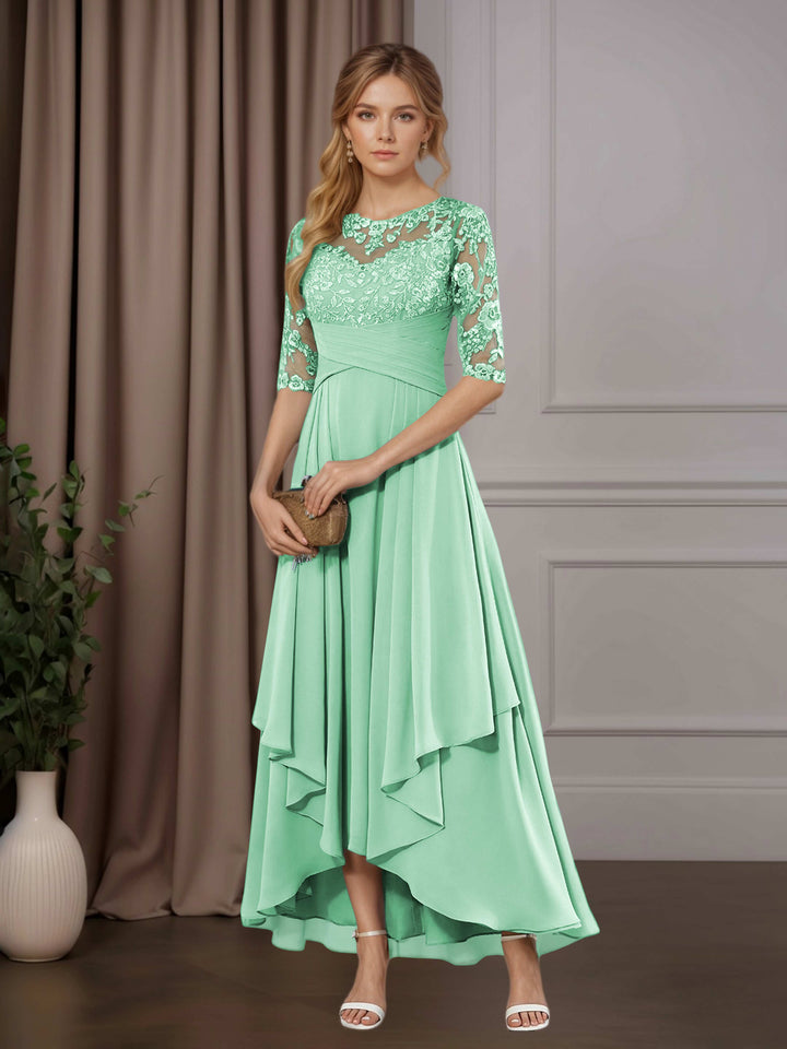 Chiffon Lace Midi Dress - Mother of the Bride Half Sleeve A-Line